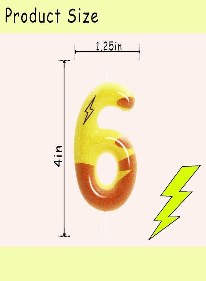 OGnomiFX Lightning Print Yellow 6th Birthday Candles for Boys Girls, Number 6 Cake Topper, Cartoon Themed Birthday Party Decorations - Image 2